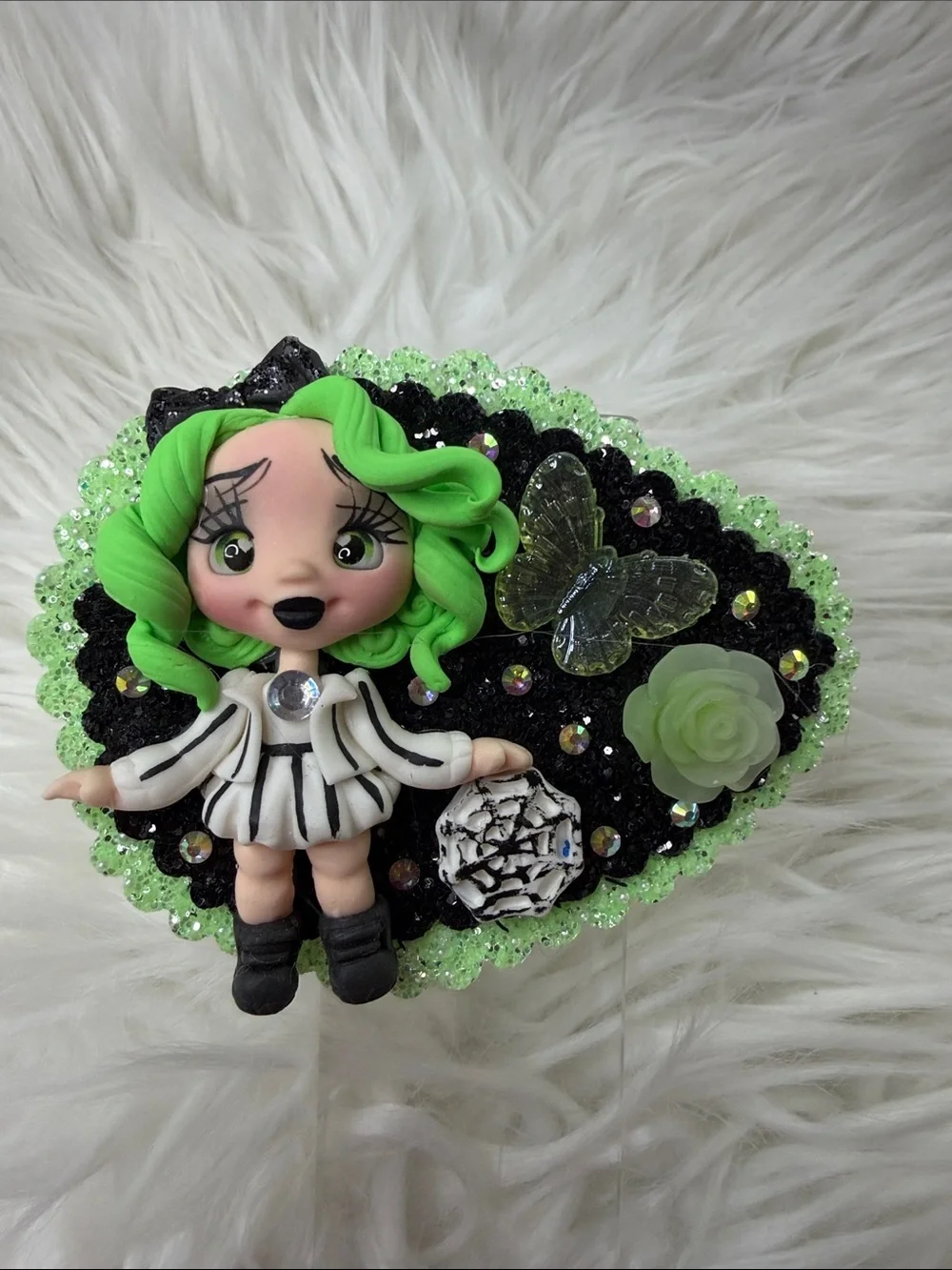 Beetlejuice Green-Haired Gothic Doll Brooch with Black & Neon Green Accents